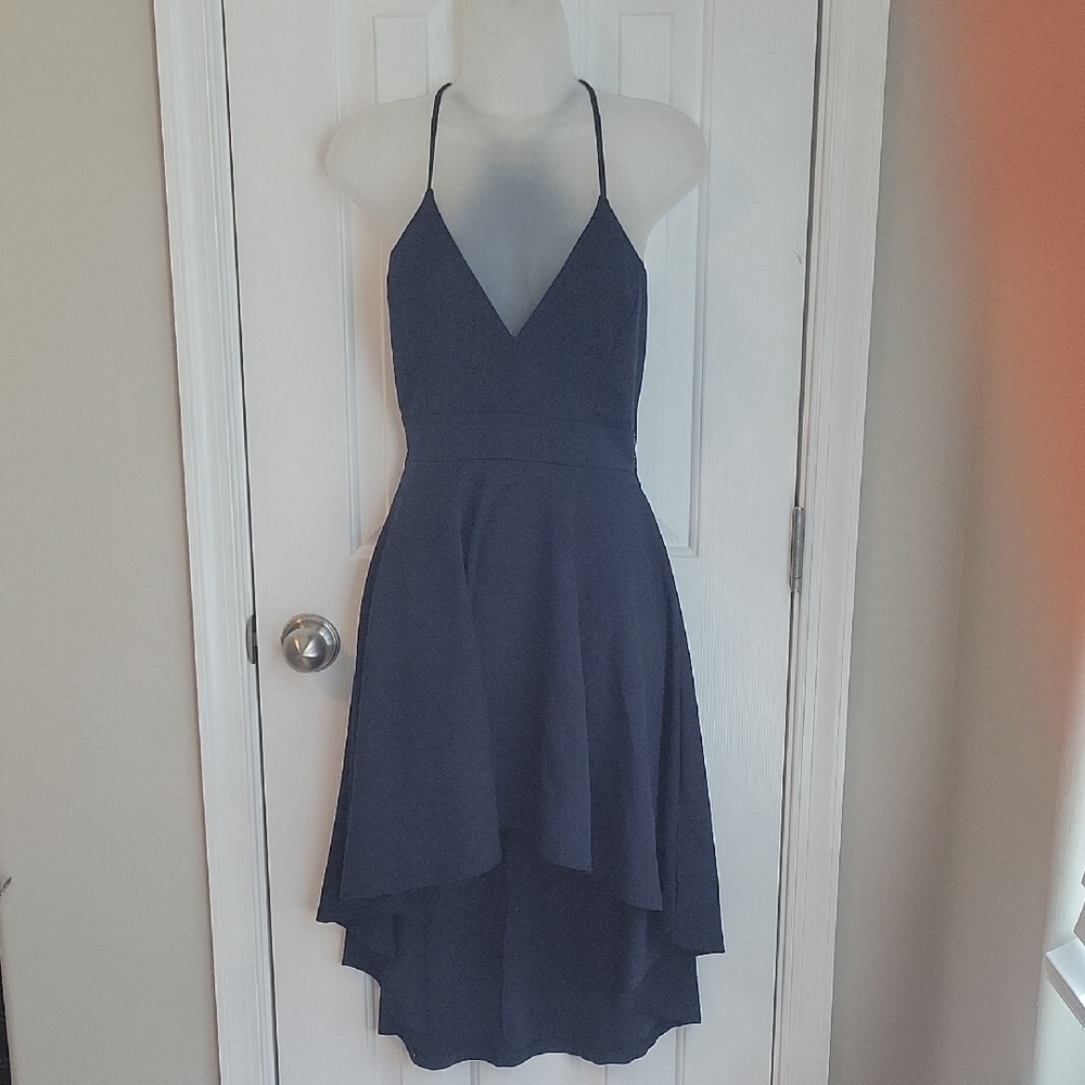 Windsor Blue Asymmetrical High-Low Halter Dress